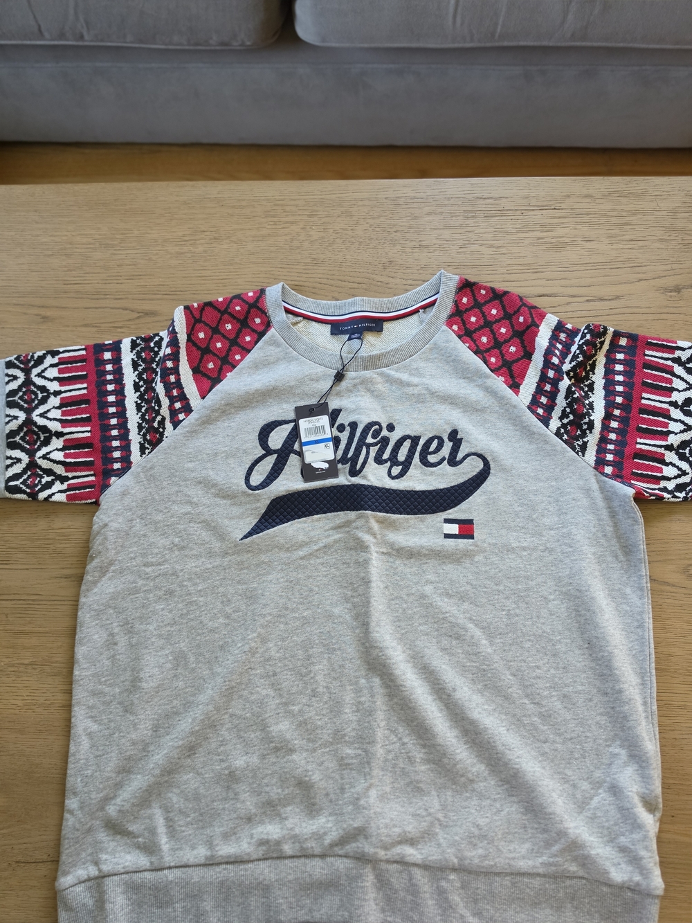 Tommy Hilfiger Grey Sweatshirt with Red and Black Patterned Raglan Sleeves